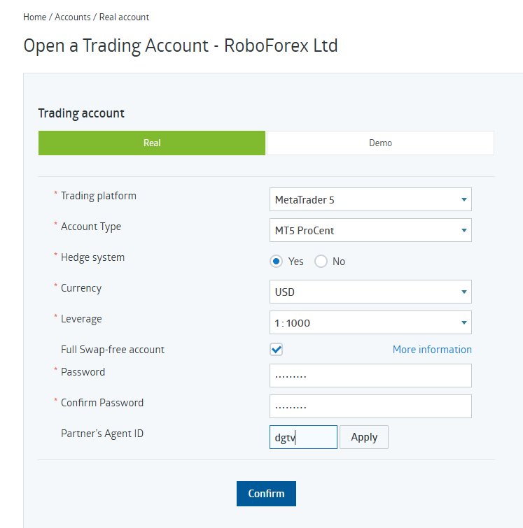 RoboForex Real Account opening configuration: MetaTrader 5, MT5 ProCent, USD, 1:1000 leverage