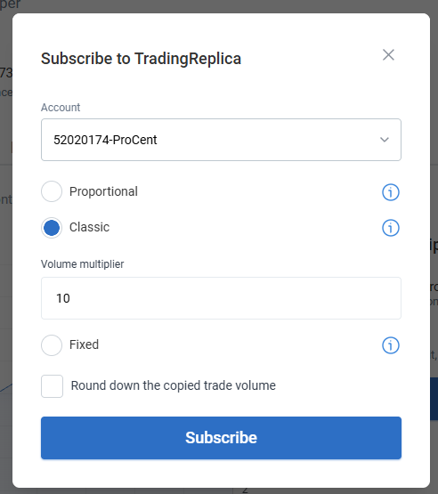 Subscribe to TradingReplica modal with Proportional mode and volume multiplier settings